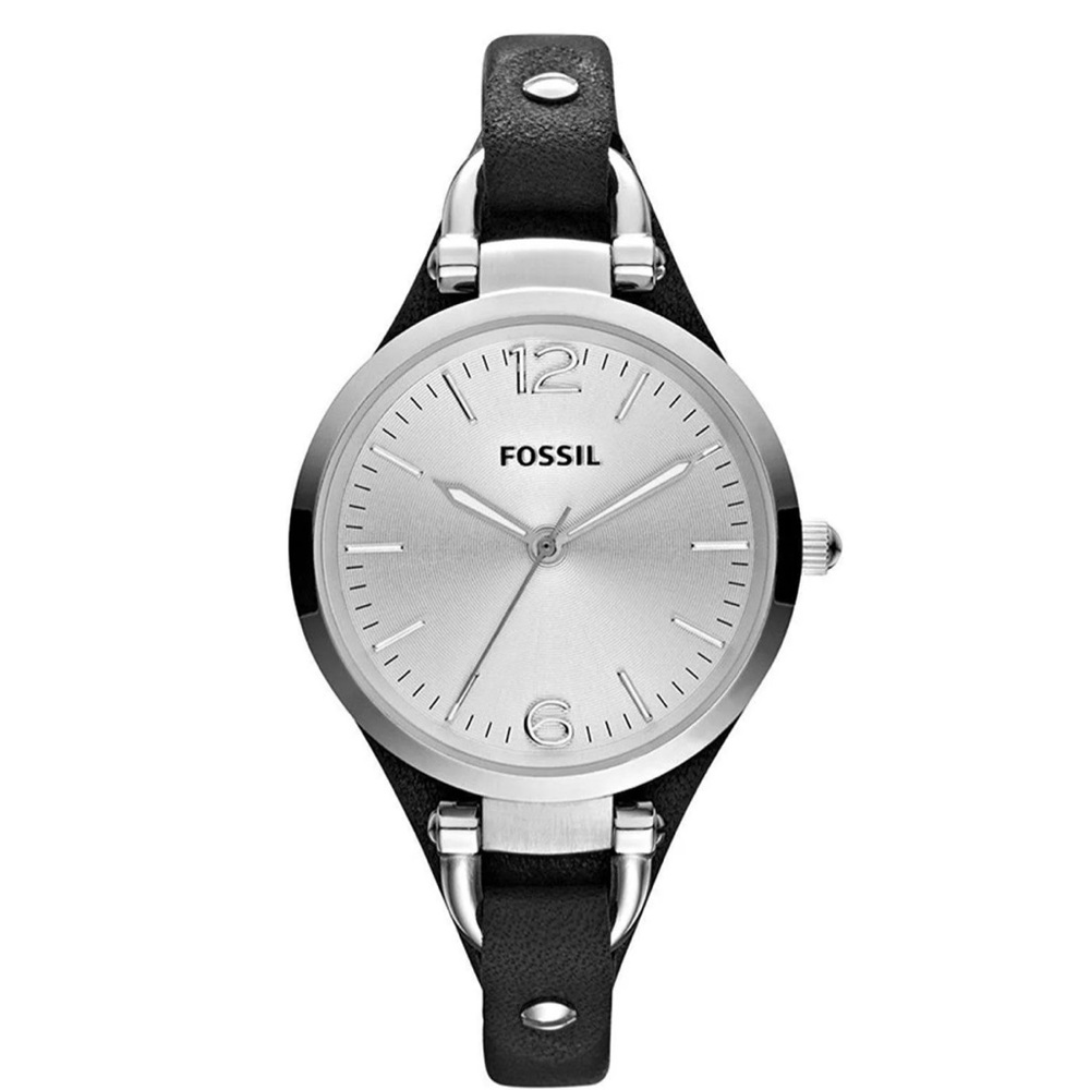 Authentic Fossil ES3199 Georgia Silver stainless steel Dial black leather band